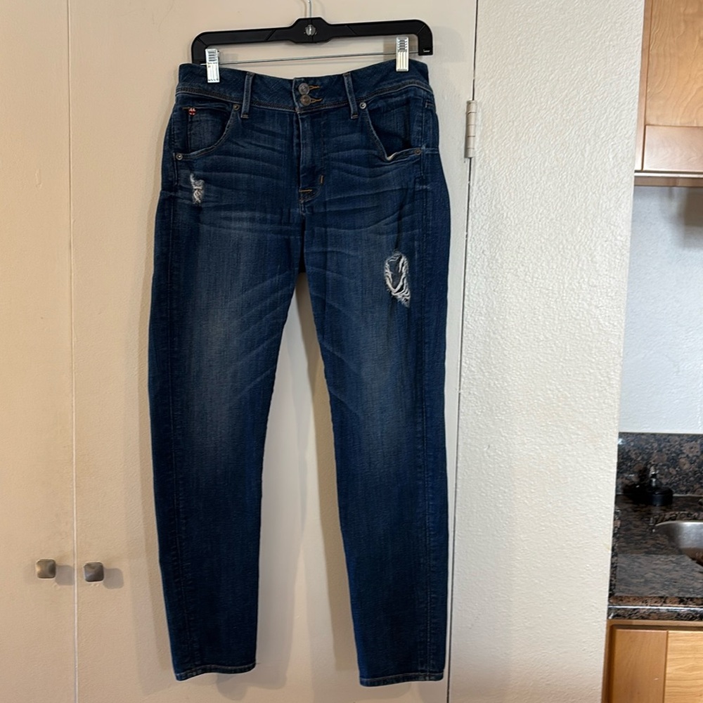 Hudson Jeans with distressed look in stretch with button flap back pockets